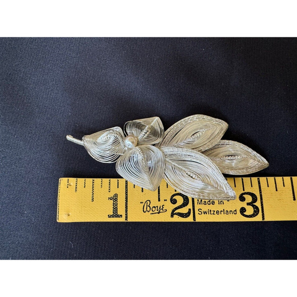 Vintage Spun Wire Jewelry Set Brooch Earrings Germany Pearl Flower Leaf MCM - Picture 7 of 7